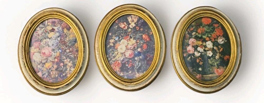 Vintage Norleans Floral Wall Plaques Set 3 Italian Gold White Oval Frames